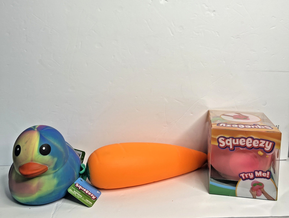 Sunny Days Squeezy Lot of 3 Jumbo Toys Peach, Carrot, Duck Squishy